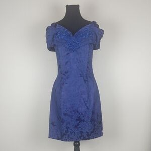 Jessica McClintock Gunne Sax Mini Dress Jacquard Blue VTG 90s 9/10 Homecoming